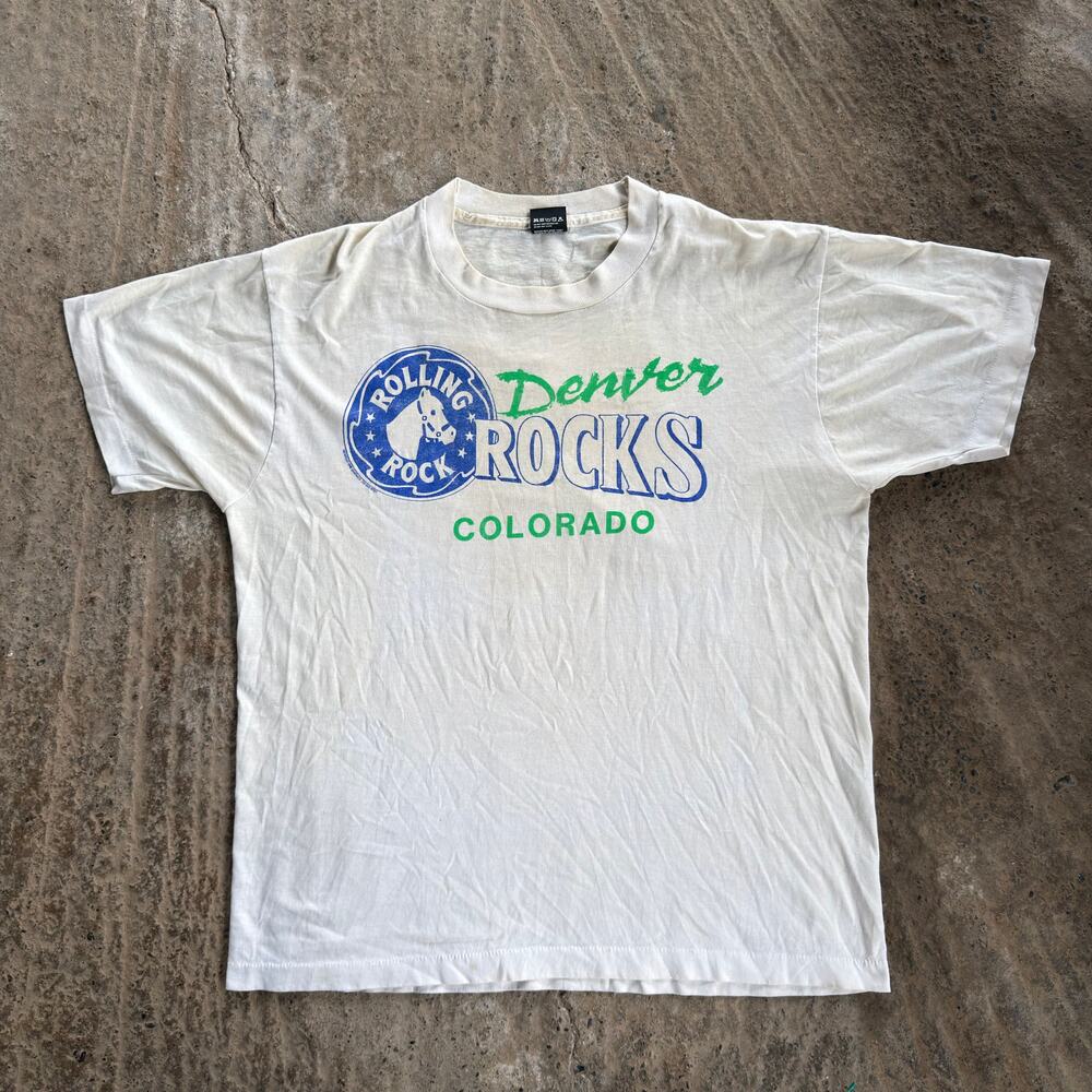 Vtg Rolling Rock Denver Rocks Colorado Beer Graphic Tee Cream XL Single Stitch